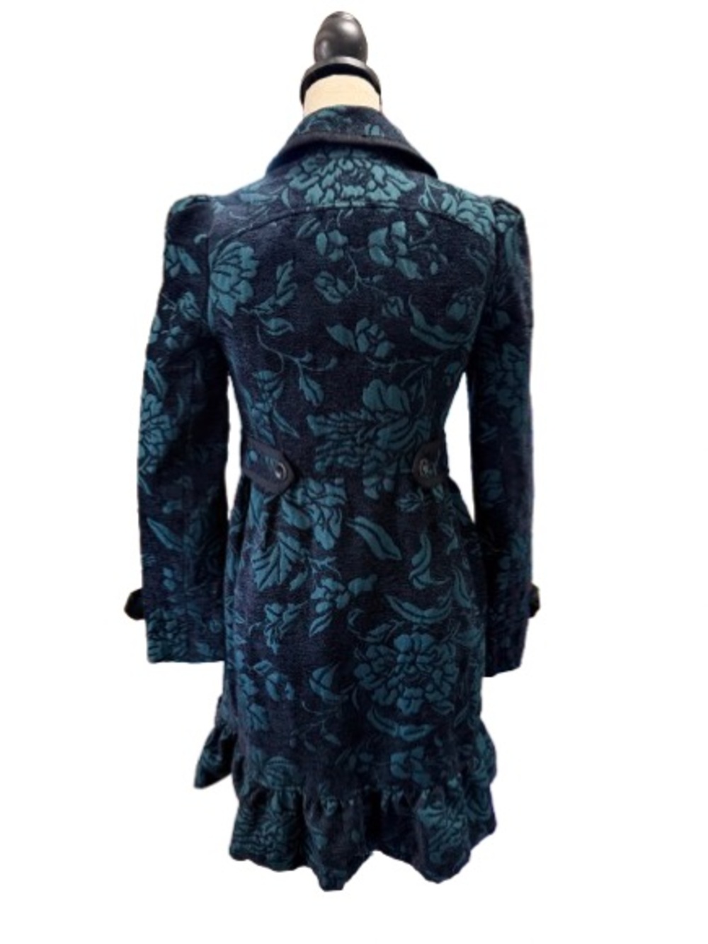 Elevenses Anthropologie Floral Jacquard Ruffle Hem Peacoat Jacket Size 4 - Picture 5 of 7